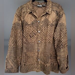 Chicos Long Sleeve Button Up Cotton Textured Blazer Brown Geometric Medium/8*